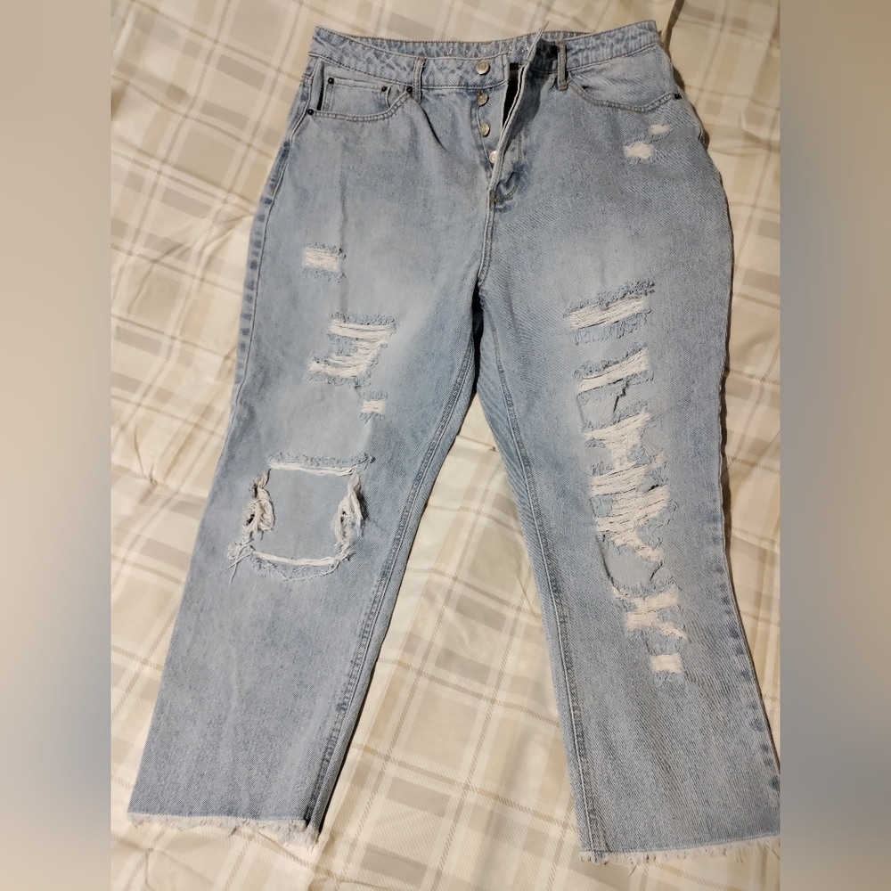  Vanilla Star Junior's Cropped Ripped Button Fly Jeans Size 15